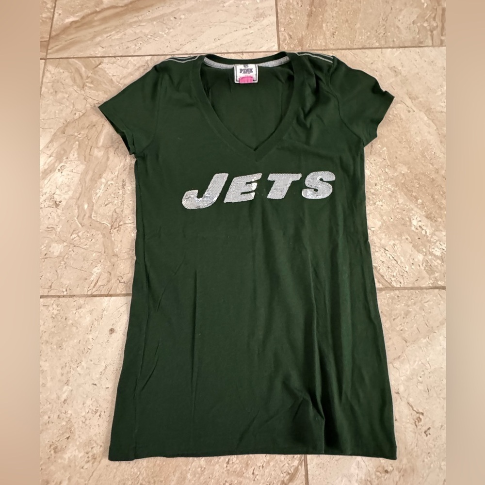 Victoria's Secret Pink New York NY jets V-Neck TShirt  Silver sequin Logo medium